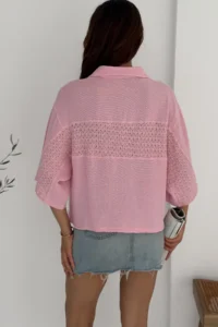 FEMELLE Women's Pink Standard Size Bat Sleeve Knitted Lace Detailed Poncho Shirt - Image 5