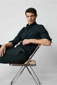 Kiğılı Long Sleeve Slim Fit Button Collar Cotton Non-Iron Shirt