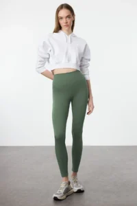 TRENDYOLMİLLA Khaki Soft Brushed Material Reflector Print Detailed Full Size Knitting Sports Leggings