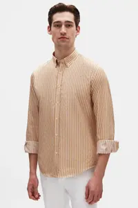 D'S Damat Ds Damat slim Fit Beige Striped Shirt