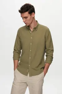 D'S Damat Ds Damat Slim Fit Green Button Collar 100% Cotton Summer Flared Linen Look Shirt - Image 2