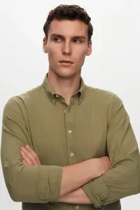 D'S Damat Ds Damat Slim Fit Green Button Collar 100% Cotton Summer Flared Linen Look Shirt - Image 3