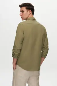 D'S Damat Ds Damat Slim Fit Green Button Collar 100% Cotton Summer Flared Linen Look Shirt - Image 4