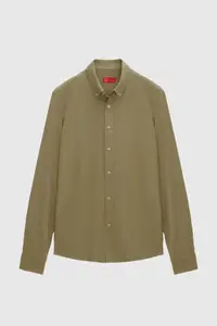 D'S Damat Ds Damat Slim Fit Green Button Collar 100% Cotton Summer Flared Linen Look Shirt - Image 5