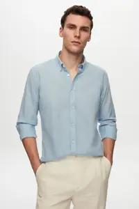 D'S Damat Ds Damat Slim Fit Blue Button Collar 100% Cotton Summer Flared Linen Look Shirt