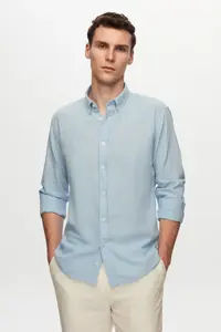 D'S Damat Ds Damat Slim Fit Blue Button Collar 100% Cotton Summer Flared Linen Look Shirt - Image 2