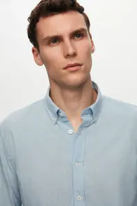 D'S Damat Ds Damat Slim Fit Blue Button Collar 100% Cotton Summer Flared Linen Look Shirt - Image 3
