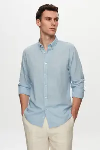 D'S Damat Ds Damat Slim Fit Blue Button Collar 100% Cotton Summer Flared Linen Look Shirt - Image 4