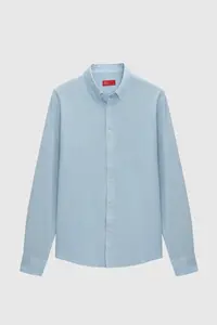 D'S Damat Ds Damat Slim Fit Blue Button Collar 100% Cotton Summer Flared Linen Look Shirt - Image 5