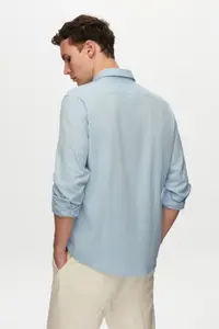 D'S Damat Ds Damat Slim Fit Blue Button Collar 100% Cotton Summer Flared Linen Look Shirt - Image 6