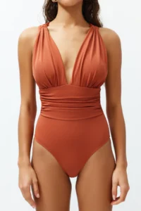 TRENDYOLMİLLA Brick Rejection Drapeli Deep V-neck Covered Regular Swimsuit - Image 4
