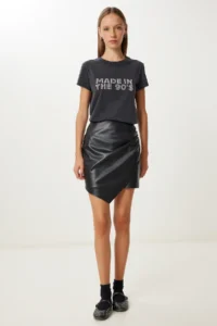 Happiness İstanbul Women Black Asymmetric Mini Faux Leather Skirt - Image 2