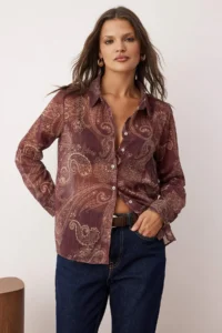TRENDYOLMİLLA Burgundy Boho Shawl Patterned Unlined Yoryo Siphon Shirt - Image 4