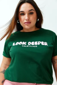 Trendyol Curve dark Green Slogan Printed relaxed 100% Cotton Knitting Plus Size T-Shirt - Image 4