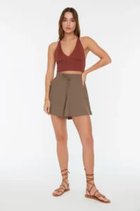 TRENDYOLMiLLA Brown Rahat Kesim Regular Waist Crepe/textured Knitting Shorts - Image 7