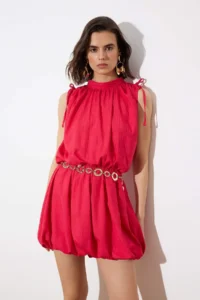 TRENDYOLMİLLA Limited Edition Fuchsia Balloon Skirt Detailed Short / Mini Weaving Dress