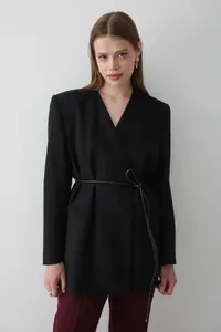 JASTE Women's Black Double Breasted Belt Detailed Oversize Blazer Jacket