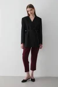 JASTE Women's Black Double Breasted Belt Detailed Oversize Blazer Jacket - Image 2