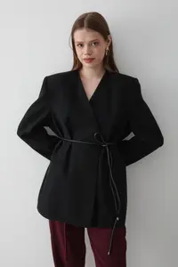 JASTE Women's Black Double Breasted Belt Detailed Oversize Blazer Jacket - Image 3