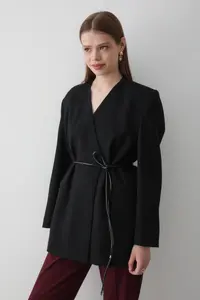 JASTE Women's Black Double Breasted Belt Detailed Oversize Blazer Jacket - Image 4