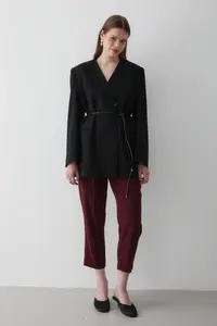 JASTE Women's Black Double Breasted Belt Detailed Oversize Blazer Jacket - Image 5