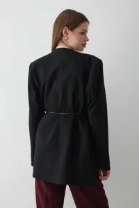 JASTE Women's Black Double Breasted Belt Detailed Oversize Blazer Jacket - Image 6