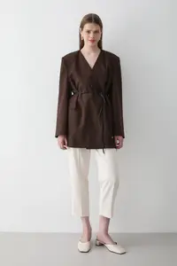 JASTE Women's Brown Double Breasted Belt Detailed Oversize Blazer Jacket - Image 2