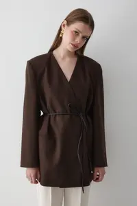 JASTE Women's Brown Double Breasted Belt Detailed Oversize Blazer Jacket - Image 3