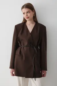 JASTE Women's Brown Double Breasted Belt Detailed Oversize Blazer Jacket - Image 4