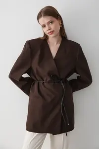 JASTE Women's Brown Double Breasted Belt Detailed Oversize Blazer Jacket - Image 5