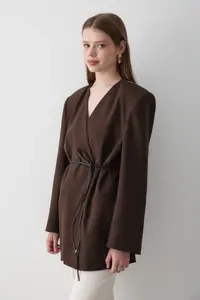 JASTE Women's Brown Double Breasted Belt Detailed Oversize Blazer Jacket - Image 6