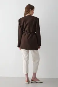 JASTE Women's Brown Double Breasted Belt Detailed Oversize Blazer Jacket - Image 7