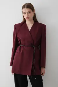 JASTE Women's Burgundy Double Breasted Belt Detailed Oversize Blazer Jacket