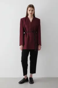 JASTE Women's Burgundy Double Breasted Belt Detailed Oversize Blazer Jacket - Image 2