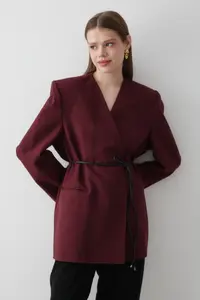 JASTE Women's Burgundy Double Breasted Belt Detailed Oversize Blazer Jacket - Image 3