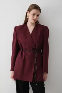 JASTE Women's Burgundy Double Breasted Belt Detailed Oversize Blazer Jacket - Image 4