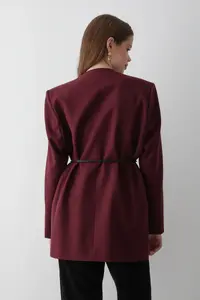 JASTE Women's Burgundy Double Breasted Belt Detailed Oversize Blazer Jacket - Image 5