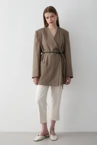 JASTE Women's Khaki Double Breasted Belt Detailed Oversize Blazer Jacket