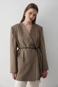 JASTE Women's Khaki Double Breasted Belt Detailed Oversize Blazer Jacket - Image 2