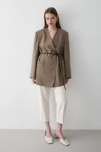 JASTE Women's Khaki Double Breasted Belt Detailed Oversize Blazer Jacket - Image 3