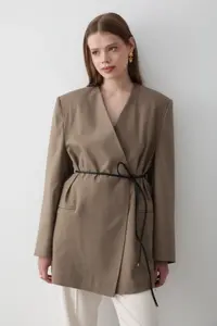 JASTE Women's Khaki Double Breasted Belt Detailed Oversize Blazer Jacket - Image 4
