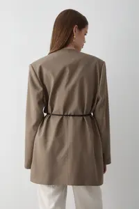JASTE Women's Khaki Double Breasted Belt Detailed Oversize Blazer Jacket - Image 5