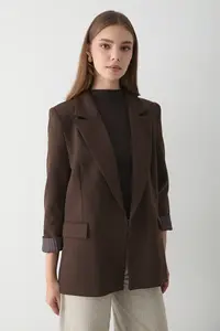 JASTE Women's Bitter Brown Striped Lined Blazer Jacket with Sleeve Detail