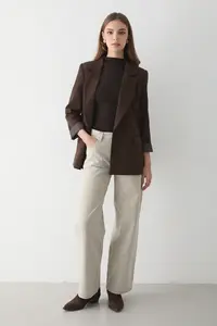 JASTE Women's Bitter Brown Striped Lined Blazer Jacket with Sleeve Detail - Image 2