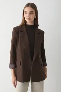 JASTE Women's Bitter Brown Striped Lined Blazer Jacket with Sleeve Detail - Image 3
