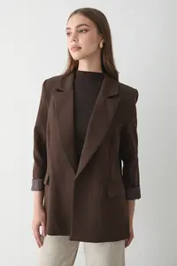 JASTE Women's Bitter Brown Striped Lined Blazer Jacket with Sleeve Detail - Image 5