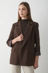 JASTE Women's Bitter Brown Striped Lined Blazer Jacket with Sleeve Detail - Image 6