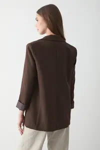 JASTE Women's Bitter Brown Striped Lined Blazer Jacket with Sleeve Detail - Image 7