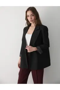 JASTE Women's Black Striped Lined Blazer Jacket with Sleeve Detail