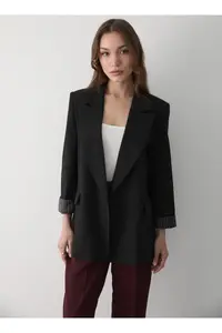 JASTE Women's Black Striped Lined Blazer Jacket with Sleeve Detail - Image 4